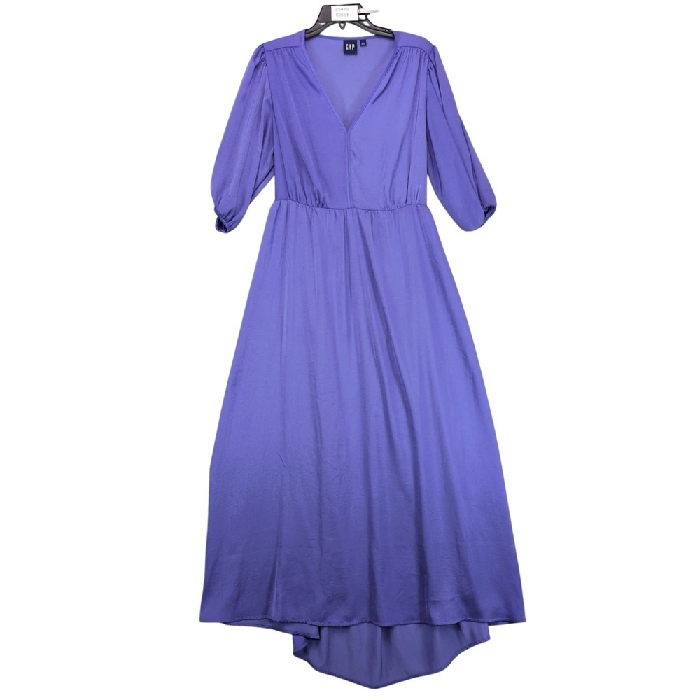 Gap Purple Satin Hi-Low Maxi Dress Sz L Open Back Puff Sleeve Cottagecore Whimsy